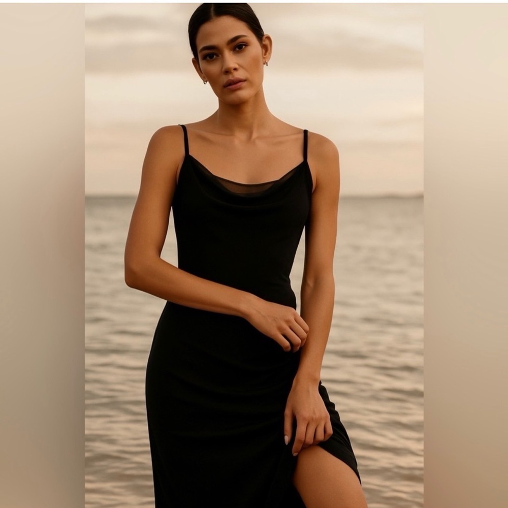 White House Black Market Black Slip Dress with Sheer Neckline